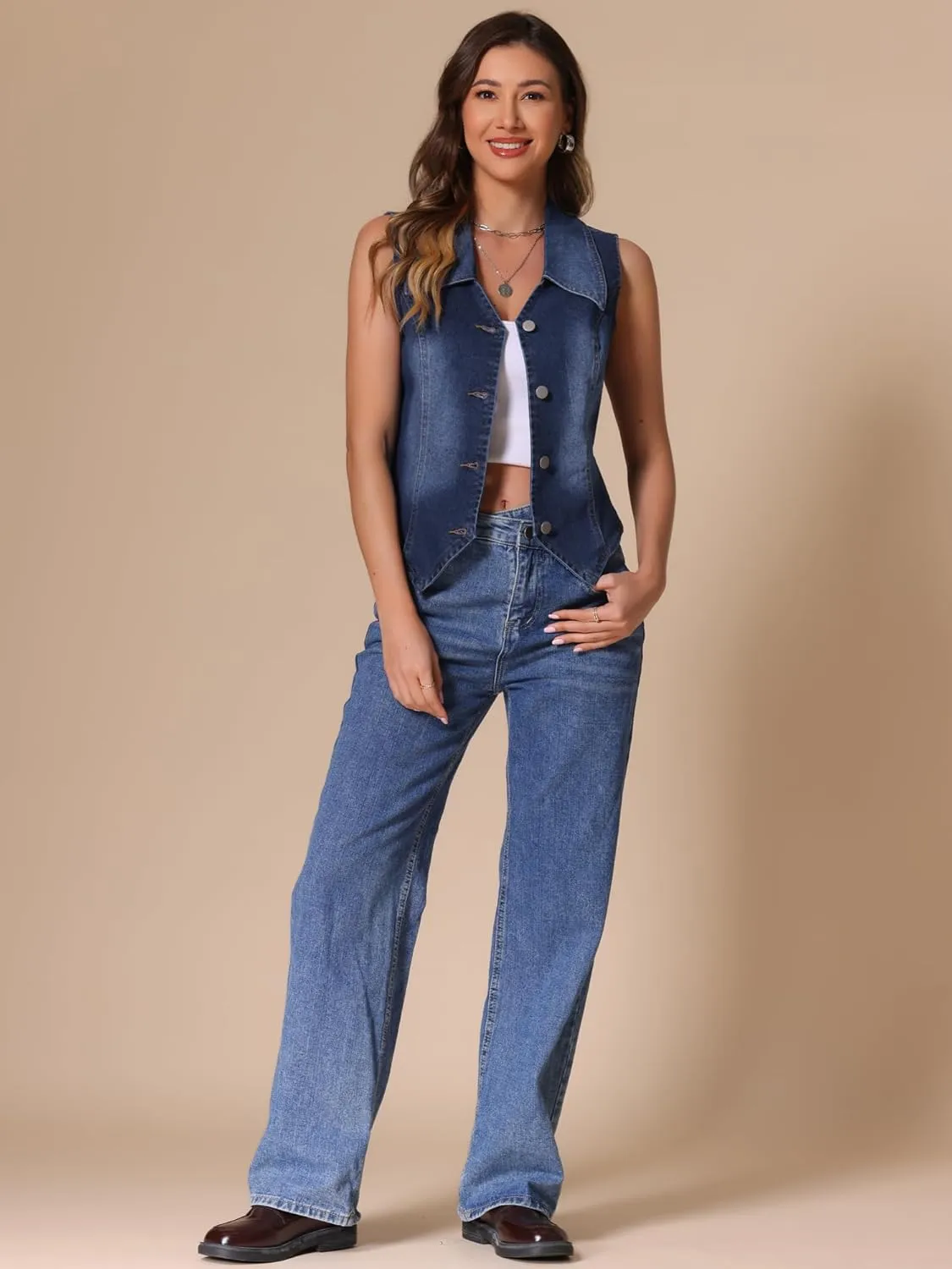 Allegra K Denim Vest for Women's Sleeveless Jean Jacket Western Tops Button Down Lapel Waistcoat Vests