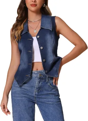 Allegra K Denim Vest for Women's Sleeveless Jean Jacket Western Tops Button Down Lapel Waistcoat Vests