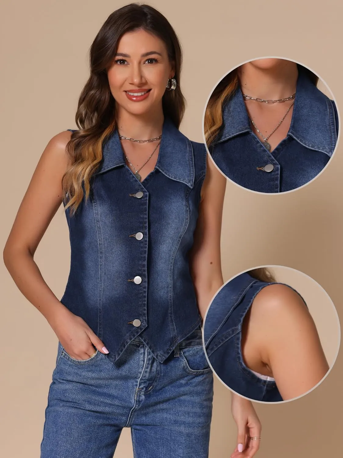 Allegra K Denim Vest for Women's Sleeveless Jean Jacket Western Tops Button Down Lapel Waistcoat Vests