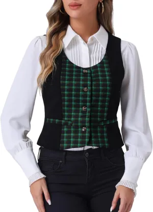 Allegra K Vintage Waistcoat Vest for Women's Plaid Button Down Work Dressy Vests