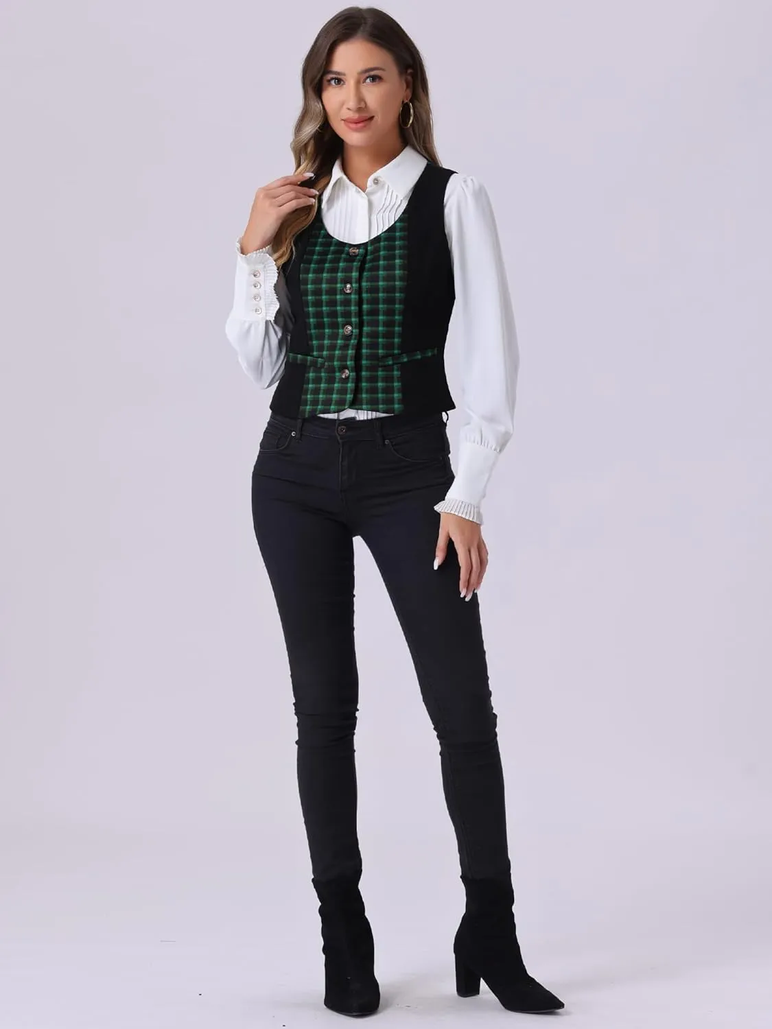 Allegra K Vintage Waistcoat Vest for Women's Plaid Button Down Work Dressy Vests