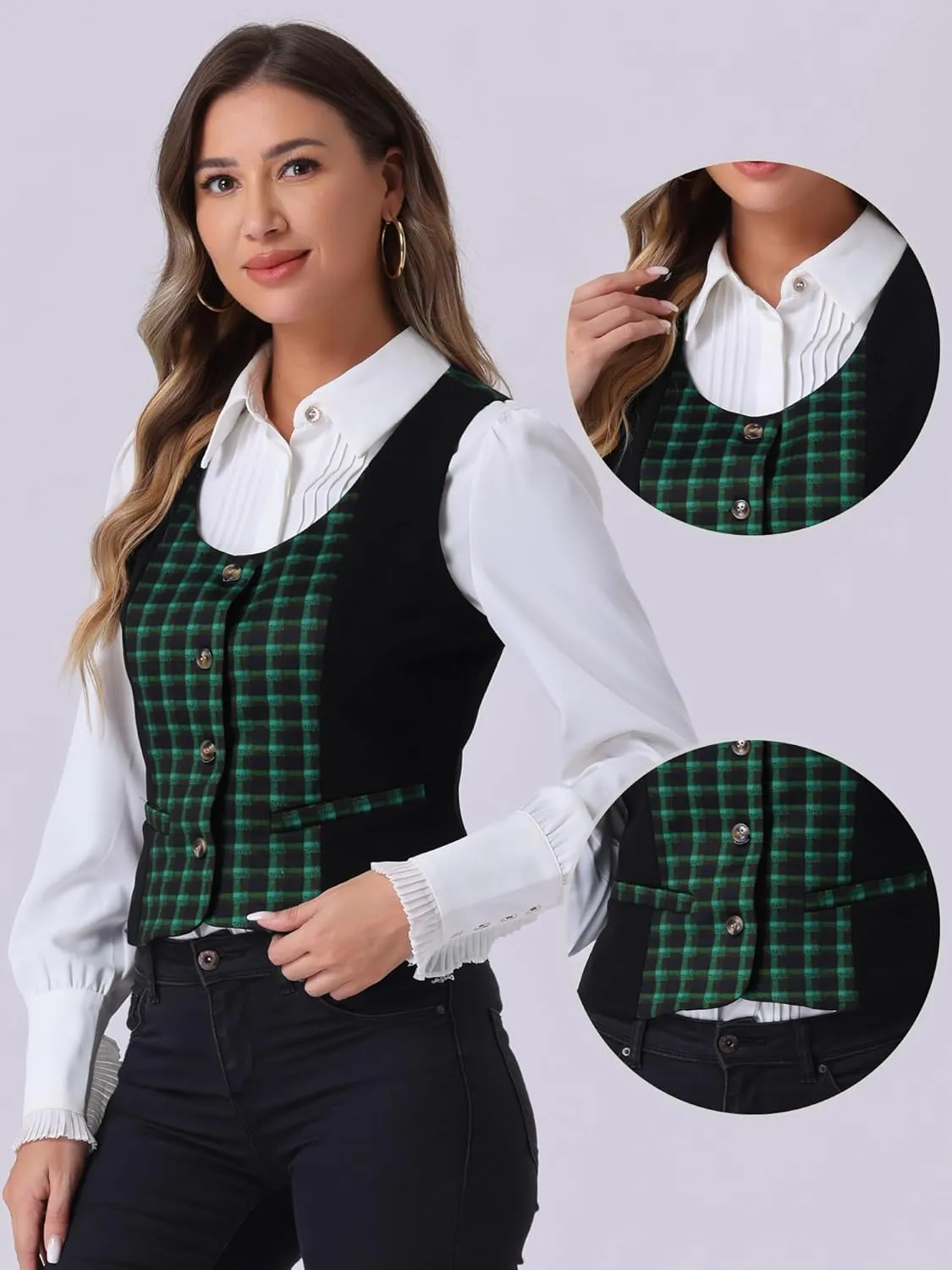 Allegra K Vintage Waistcoat Vest for Women's Plaid Button Down Work Dressy Vests