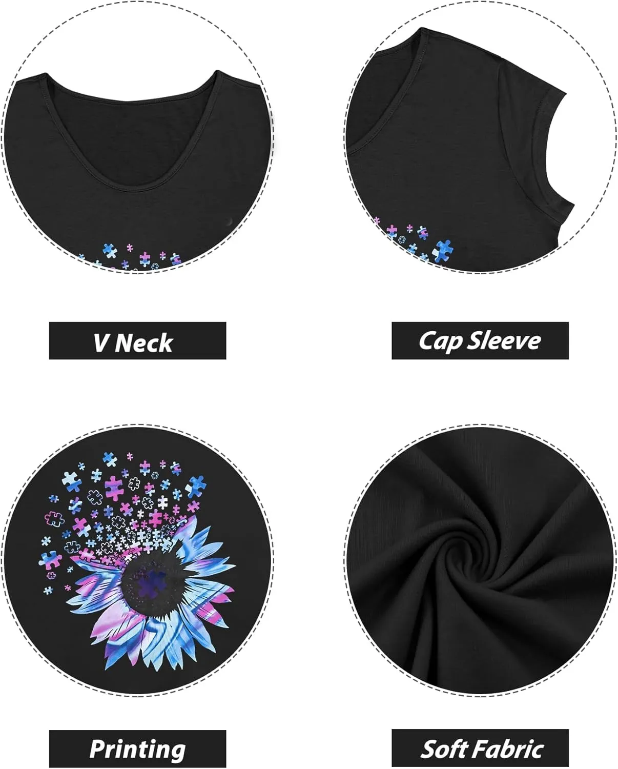 Anbech Cap Sleeve Tops Women Graphic V Neck Shirt Solid Print Casual T-Shirts