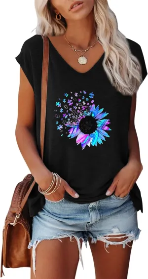 Anbech Cap Sleeve Tops Women Graphic V Neck Shirt Solid Print Casual T-Shirts