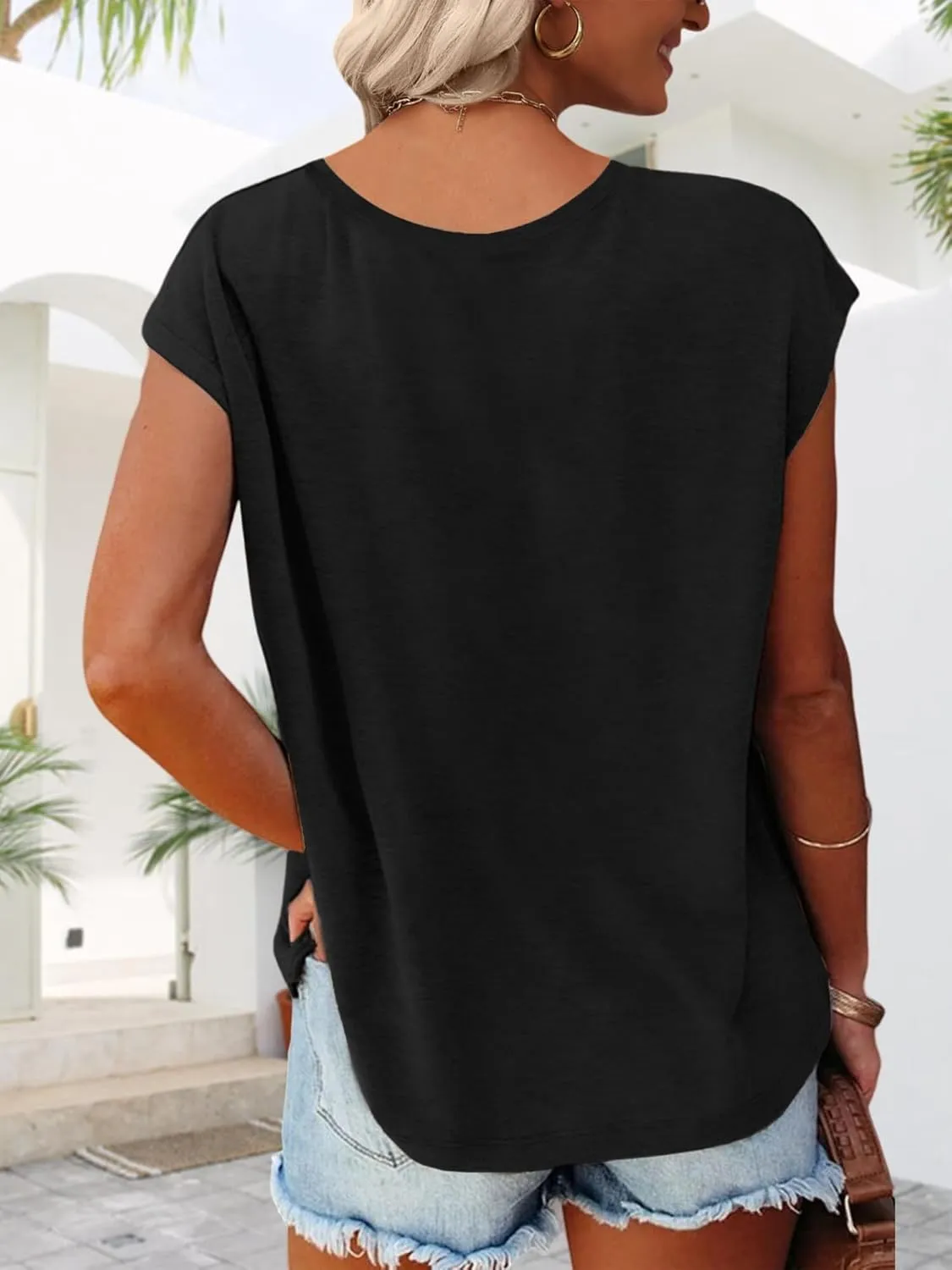 Anbech Cap Sleeve Tops Women Graphic V Neck Shirt Solid Print Casual T-Shirts