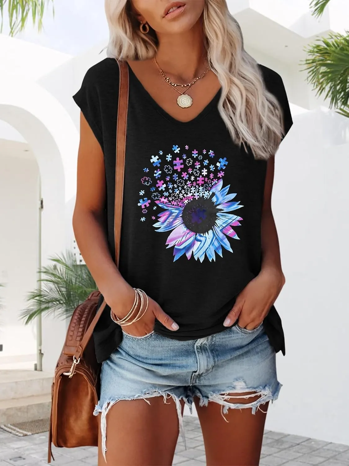 Anbech Cap Sleeve Tops Women Graphic V Neck Shirt Solid Print Casual T-Shirts