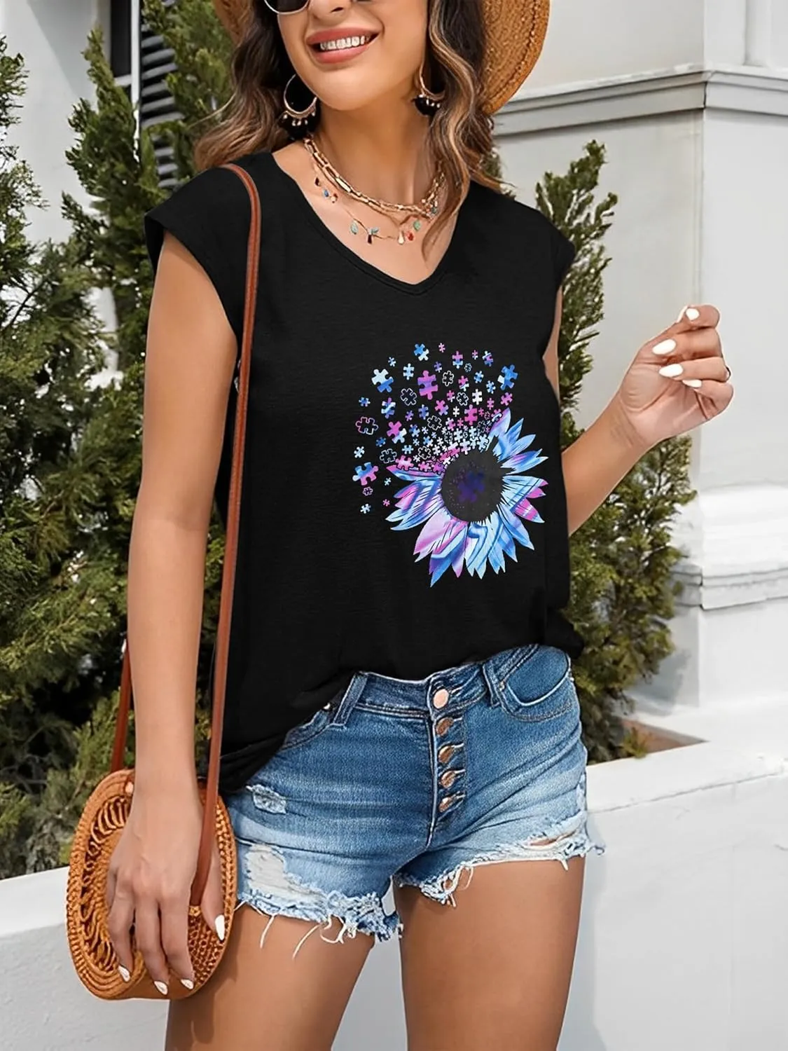 Anbech Cap Sleeve Tops Women Graphic V Neck Shirt Solid Print Casual T-Shirts