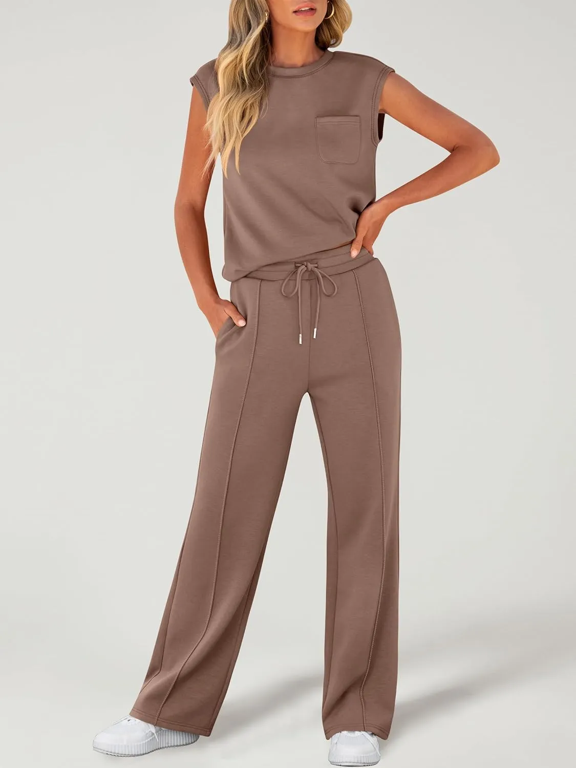 ANRABESS Two Piece Sets for Women Summer Sleeveless Sweatsuits Wide Leg Casual Lounge Set Matching Vacation Travel Outfits