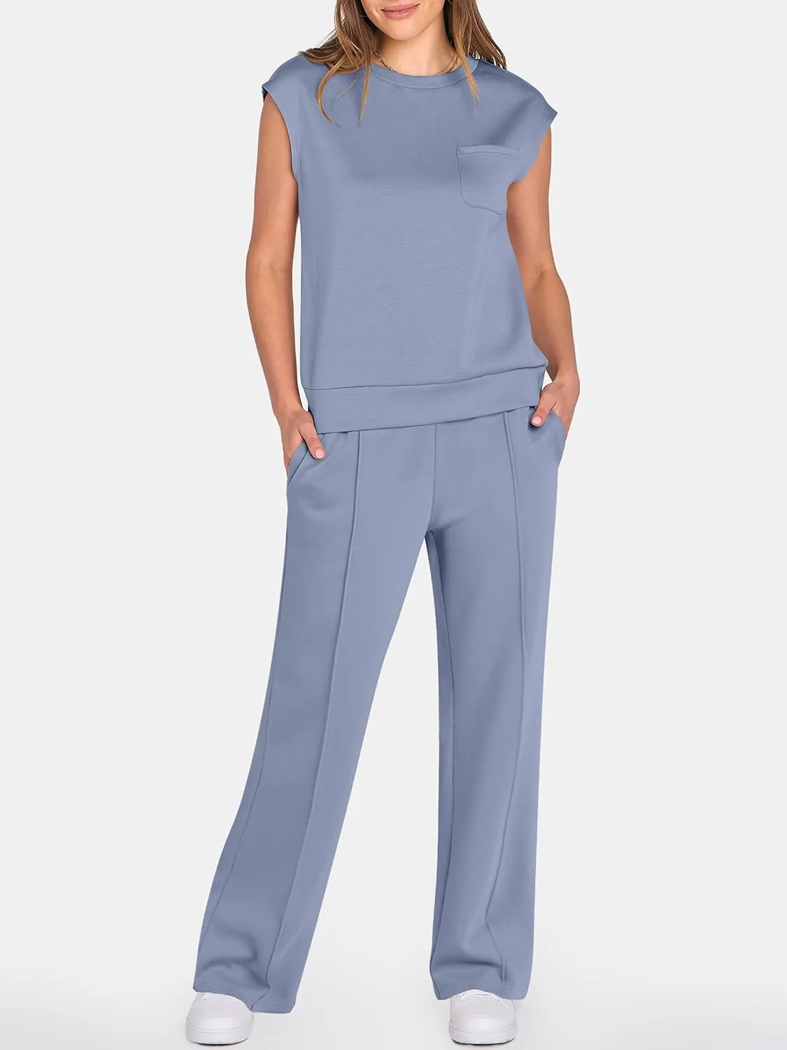 ANRABESS Two Piece Sets for Women Summer Sleeveless Sweatsuits Wide Leg Casual Lounge Set Matching Vacation Travel Outfits