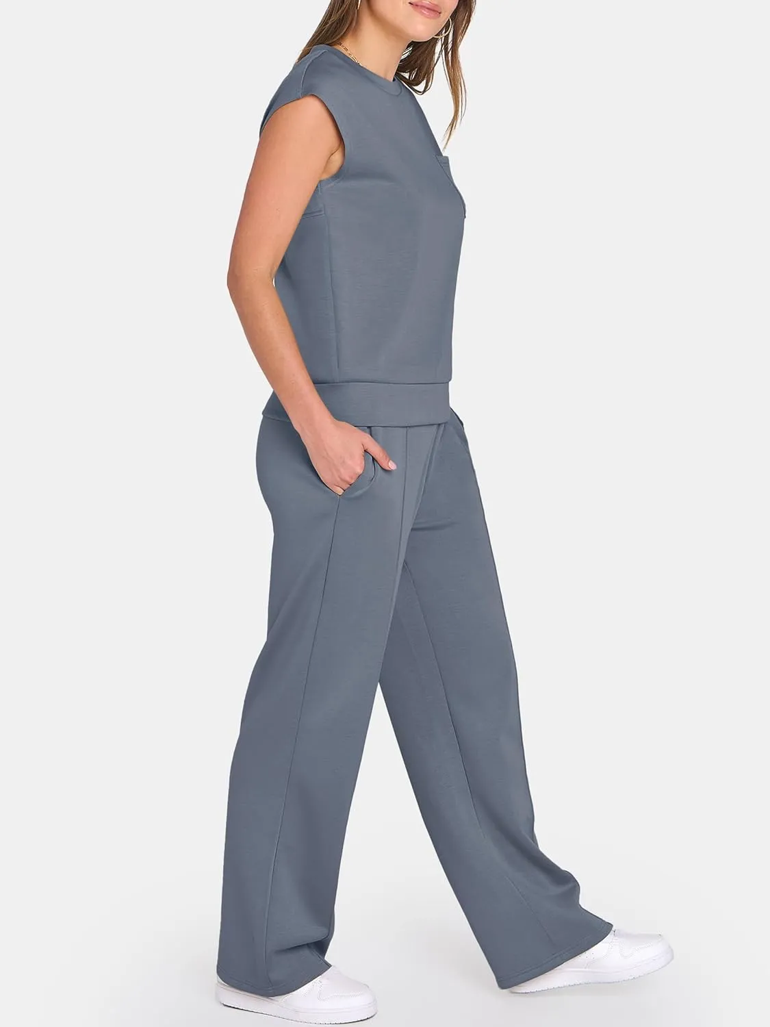 ANRABESS Two Piece Sets for Women Summer Sleeveless Sweatsuits Wide Leg Casual Lounge Set Matching Vacation Travel Outfits