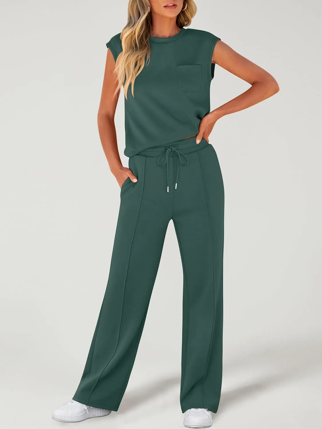 ANRABESS Two Piece Sets for Women Summer Sleeveless Sweatsuits Wide Leg Casual Lounge Set Matching Vacation Travel Outfits