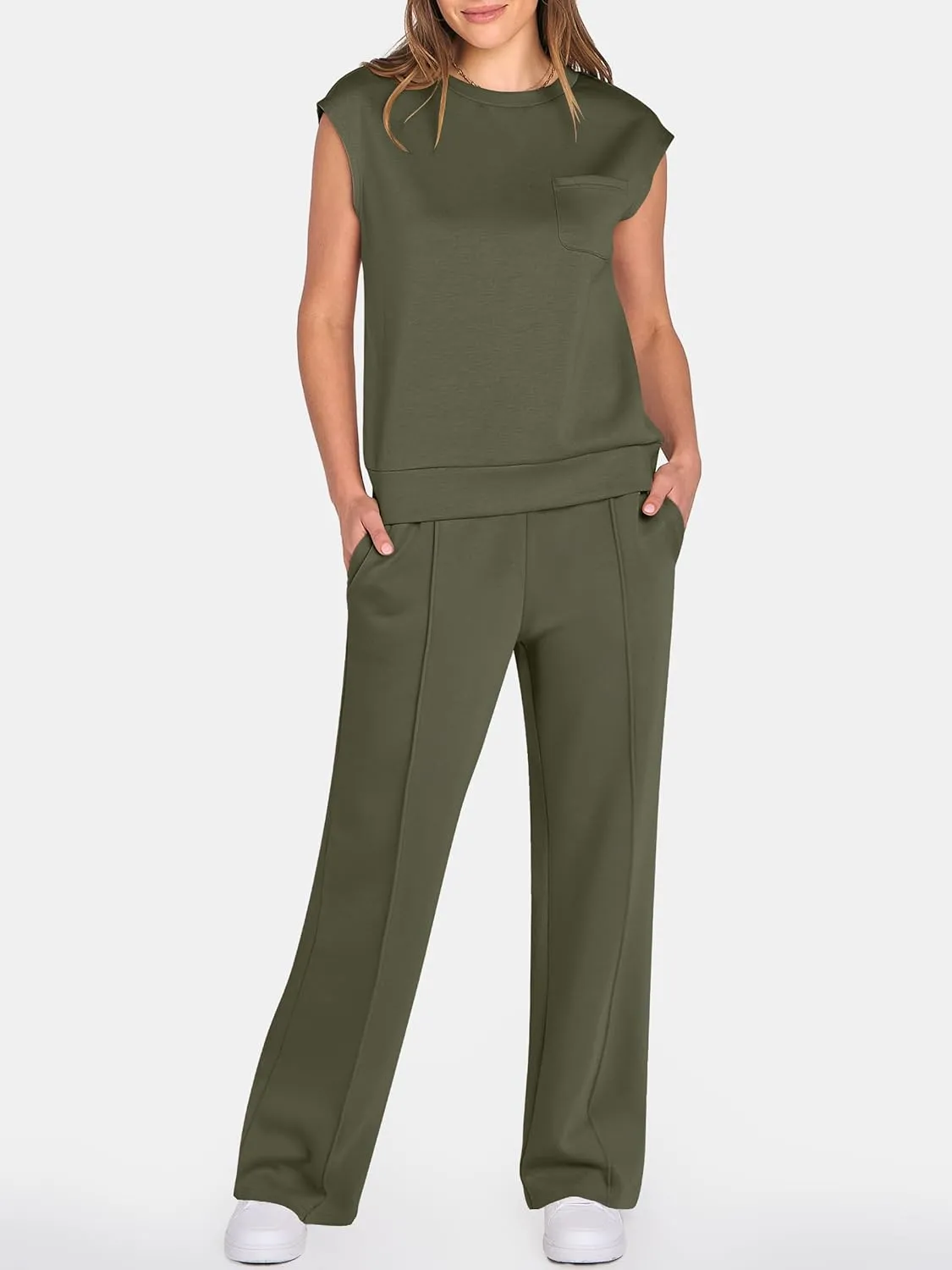 ANRABESS Two Piece Sets for Women Summer Sleeveless Sweatsuits Wide Leg Casual Lounge Set Matching Vacation Travel Outfits