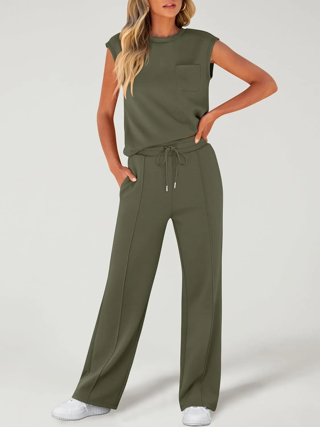 ANRABESS Two Piece Sets for Women Summer Sleeveless Sweatsuits Wide Leg Casual Lounge Set Matching Vacation Travel Outfits