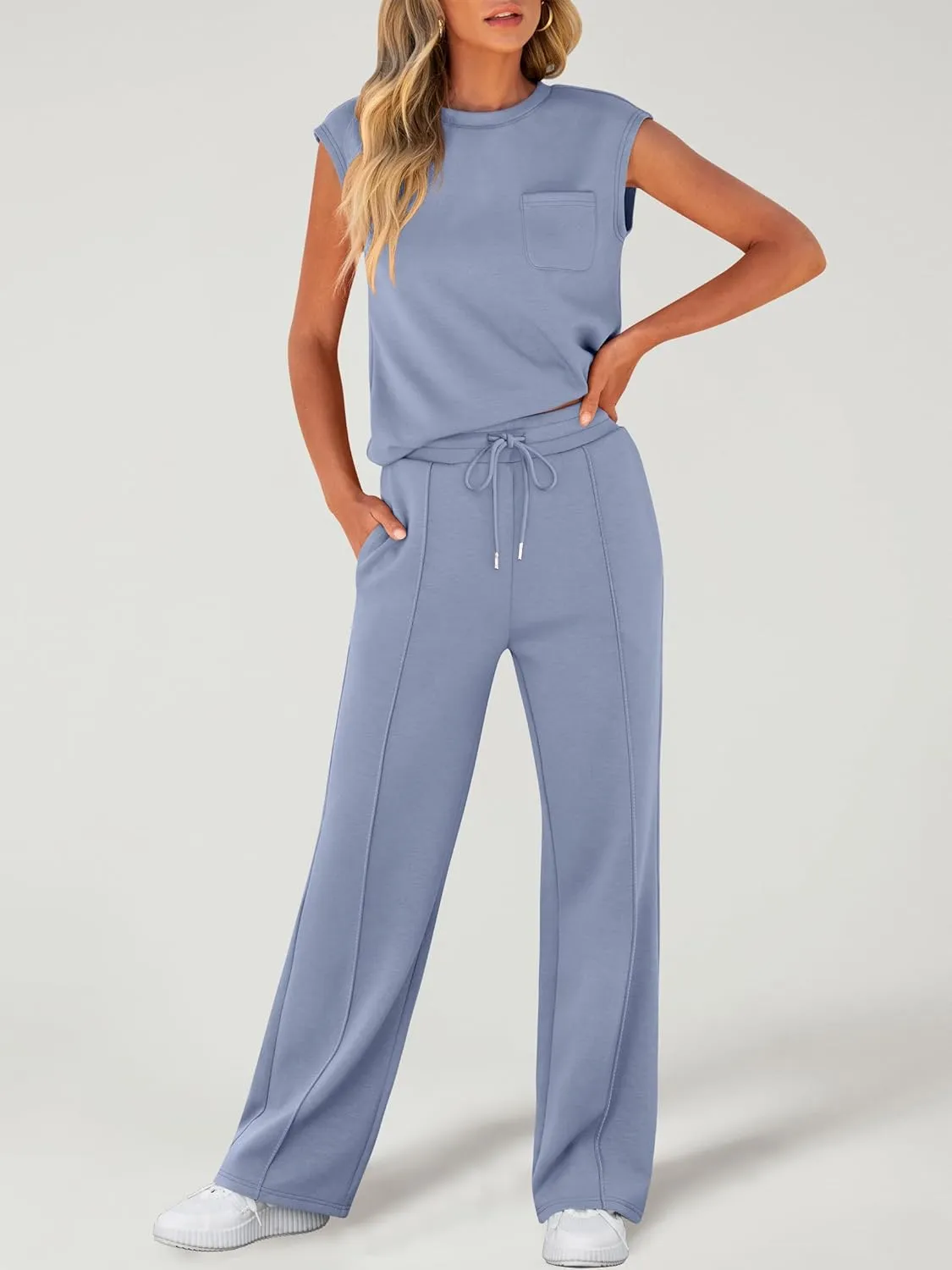 ANRABESS Two Piece Sets for Women Summer Sleeveless Sweatsuits Wide Leg Casual Lounge Set Matching Vacation Travel Outfits