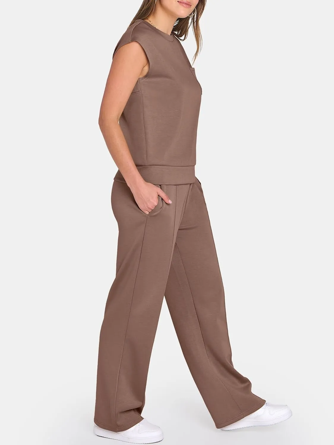 ANRABESS Two Piece Sets for Women Summer Sleeveless Sweatsuits Wide Leg Casual Lounge Set Matching Vacation Travel Outfits
