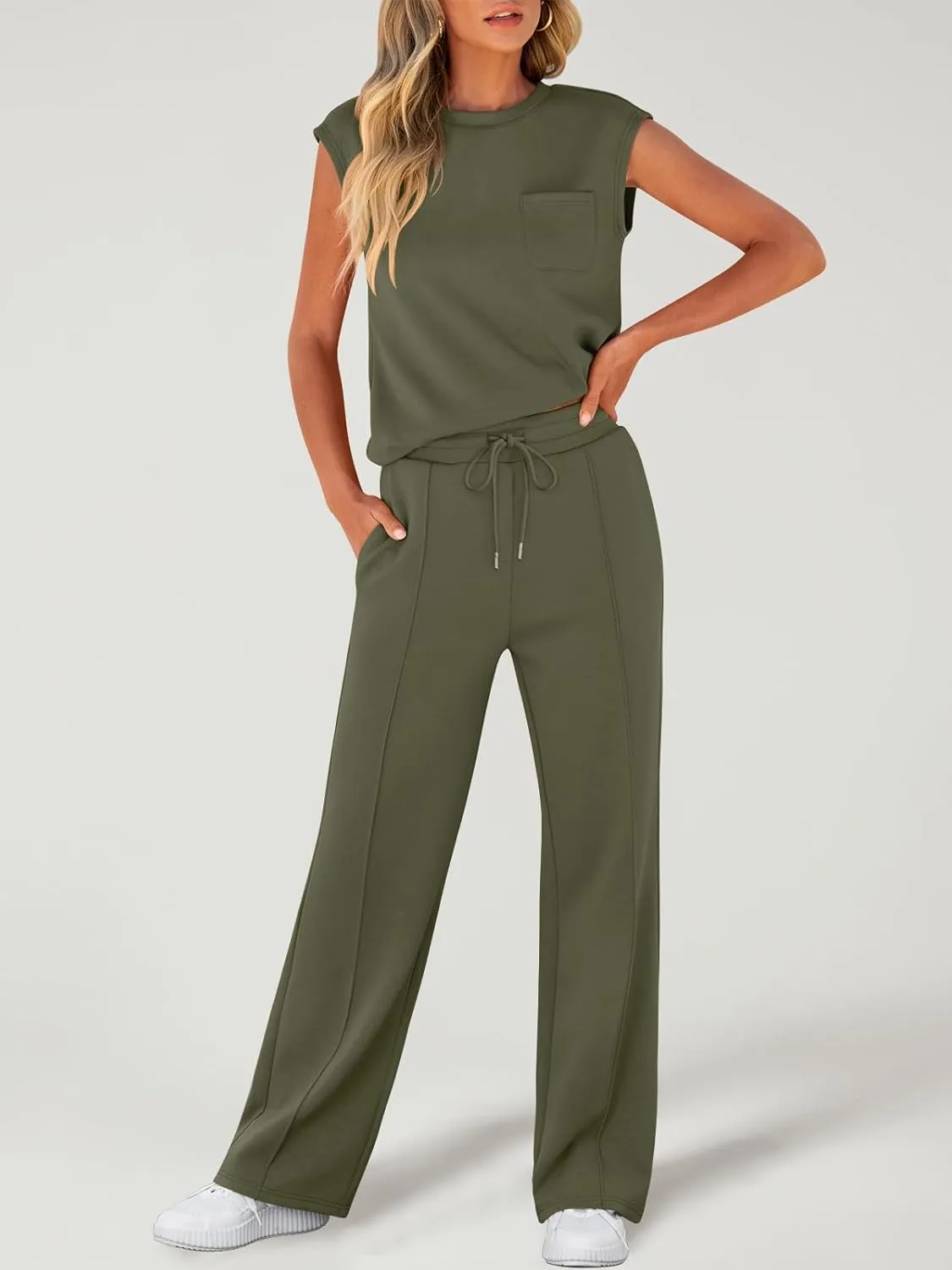 ANRABESS Two Piece Sets for Women Summer Sleeveless Sweatsuits Wide Leg Casual Lounge Set Matching Vacation Travel Outfits