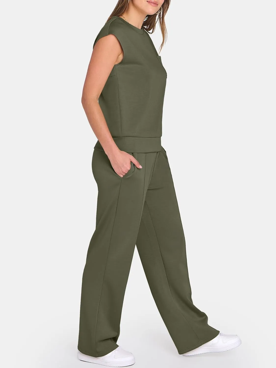 ANRABESS Two Piece Sets for Women Summer Sleeveless Sweatsuits Wide Leg Casual Lounge Set Matching Vacation Travel Outfits