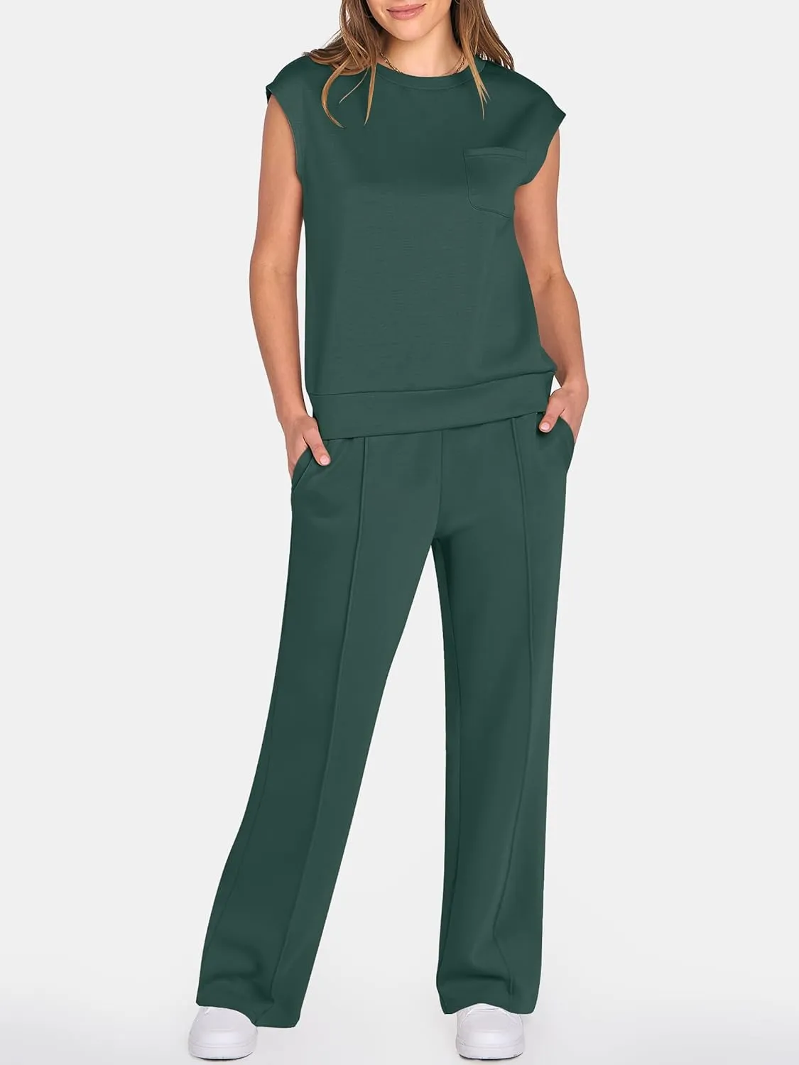 ANRABESS Two Piece Sets for Women Summer Sleeveless Sweatsuits Wide Leg Casual Lounge Set Matching Vacation Travel Outfits