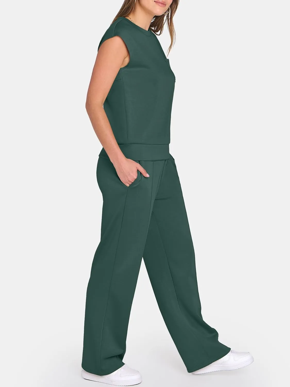 ANRABESS Two Piece Sets for Women Summer Sleeveless Sweatsuits Wide Leg Casual Lounge Set Matching Vacation Travel Outfits