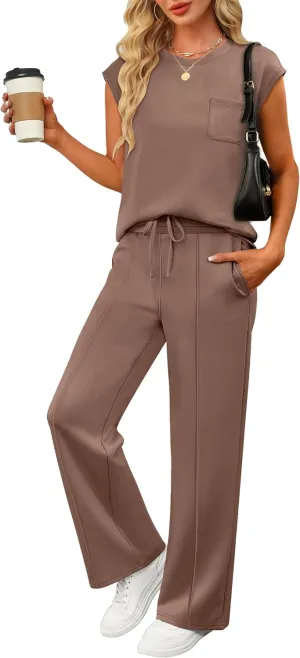ANRABESS Two Piece Sets for Women Summer Sleeveless Sweatsuits Wide Leg Casual Lounge Set Matching Vacation Travel Outfits
