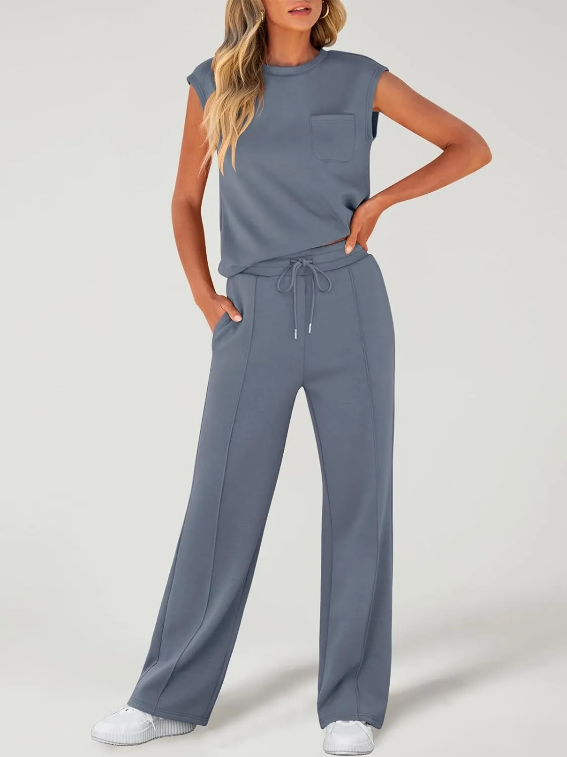 ANRABESS Two Piece Sets for Women Summer Sleeveless Sweatsuits Wide Leg Casual Lounge Set Matching Vacation Travel Outfits
