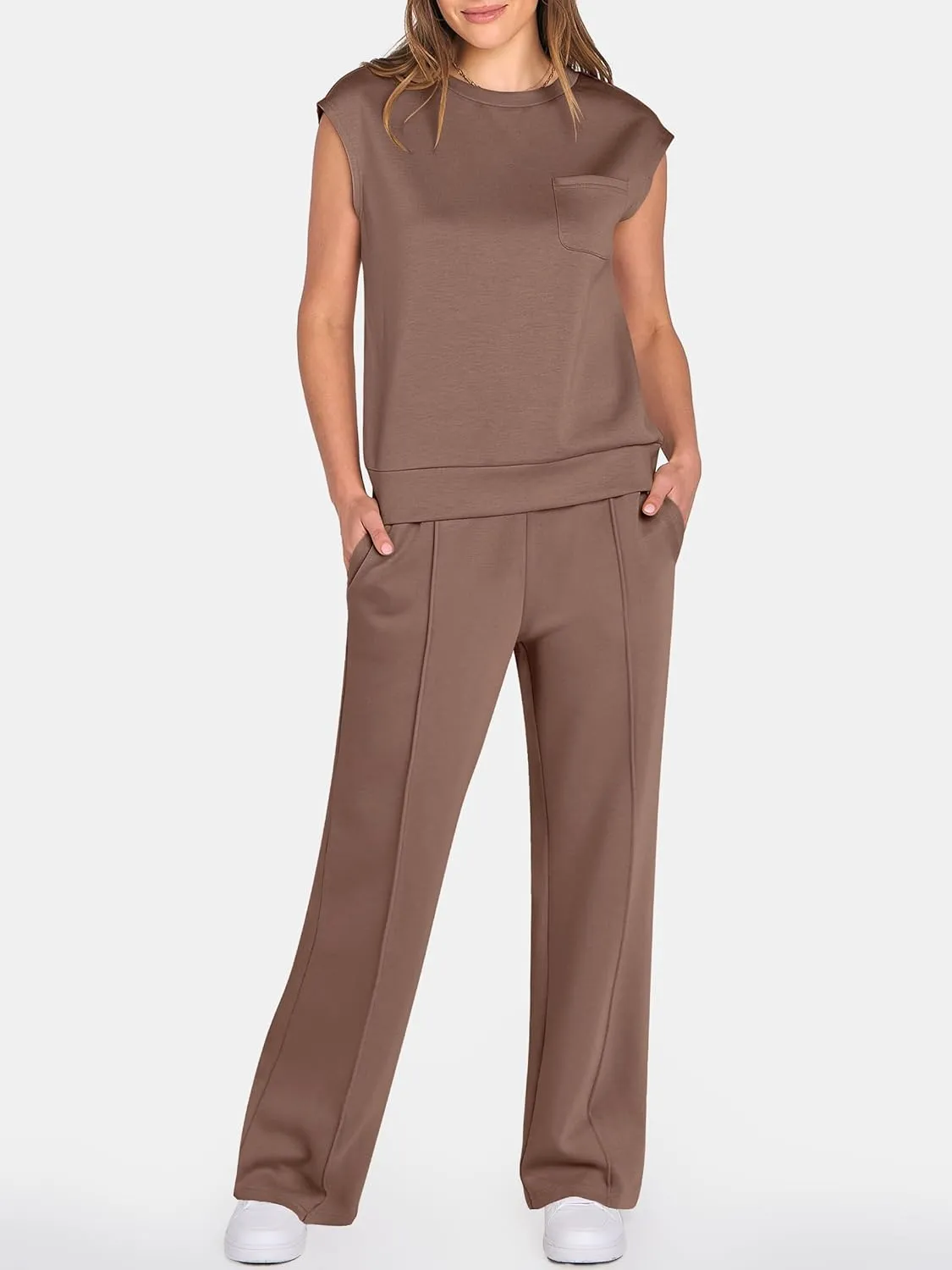 ANRABESS Two Piece Sets for Women Summer Sleeveless Sweatsuits Wide Leg Casual Lounge Set Matching Vacation Travel Outfits