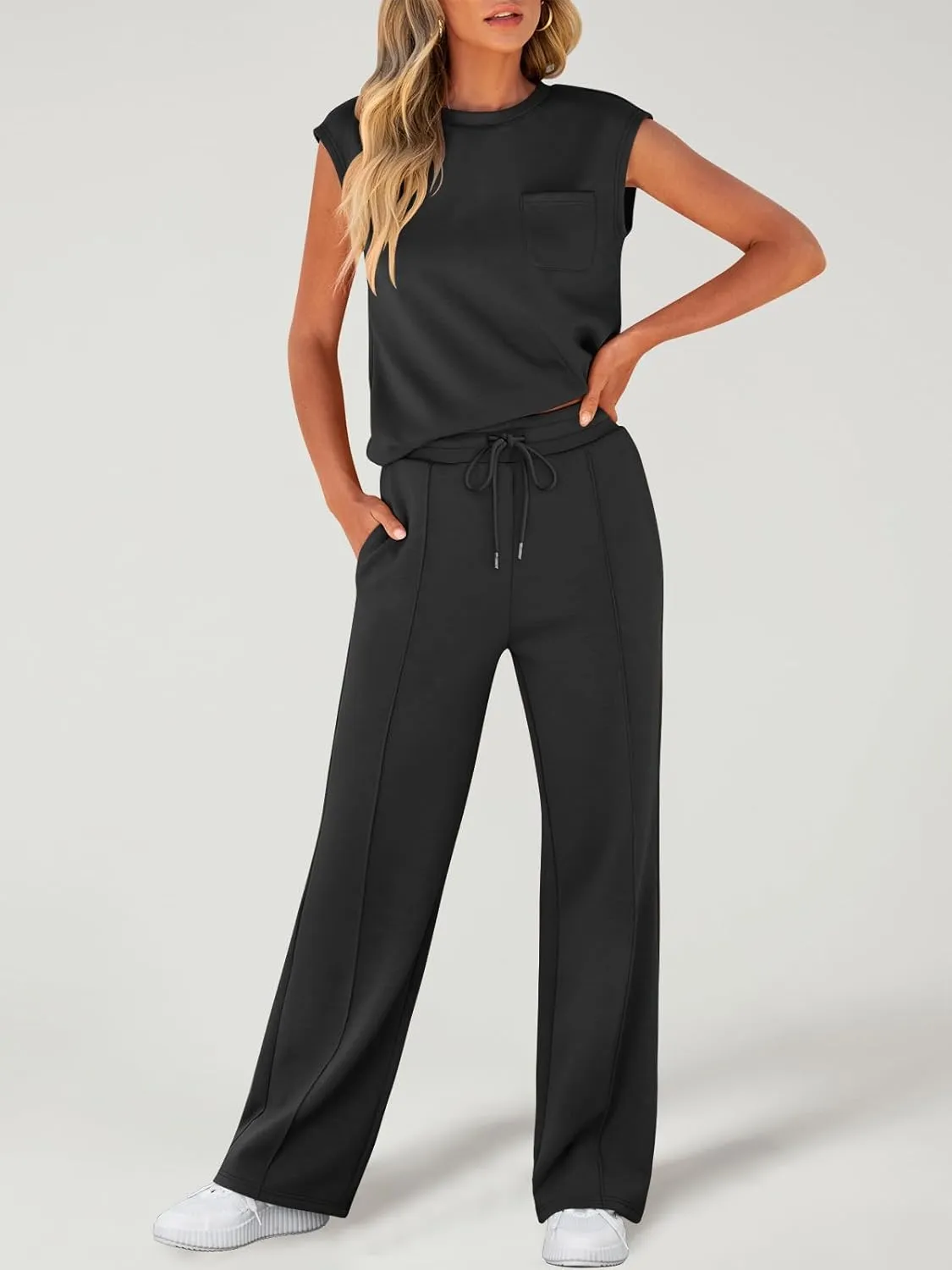ANRABESS Two Piece Sets for Women Summer Sleeveless Sweatsuits Wide Leg Casual Lounge Set Matching Vacation Travel Outfits