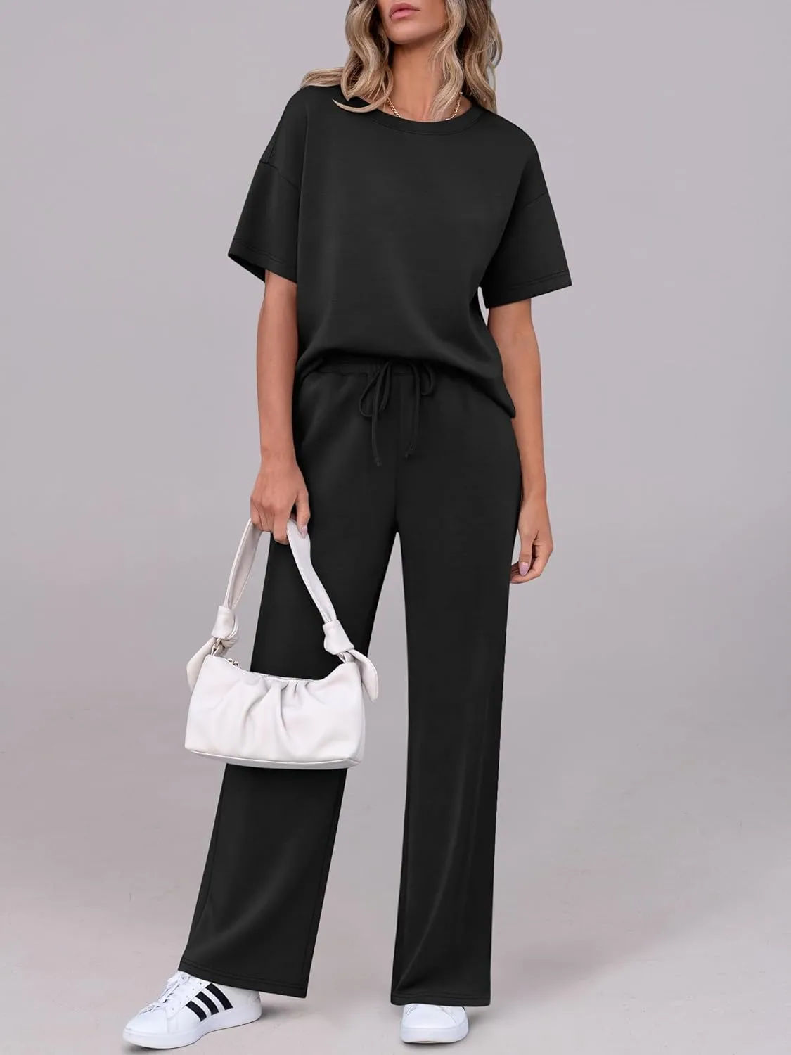 ANRABESS Women's Lounge Sets 2 Piece Outfits Summer Casual Short Sleeve Sweatsuits Matching Tracksuits Wide Leg Pant Set
