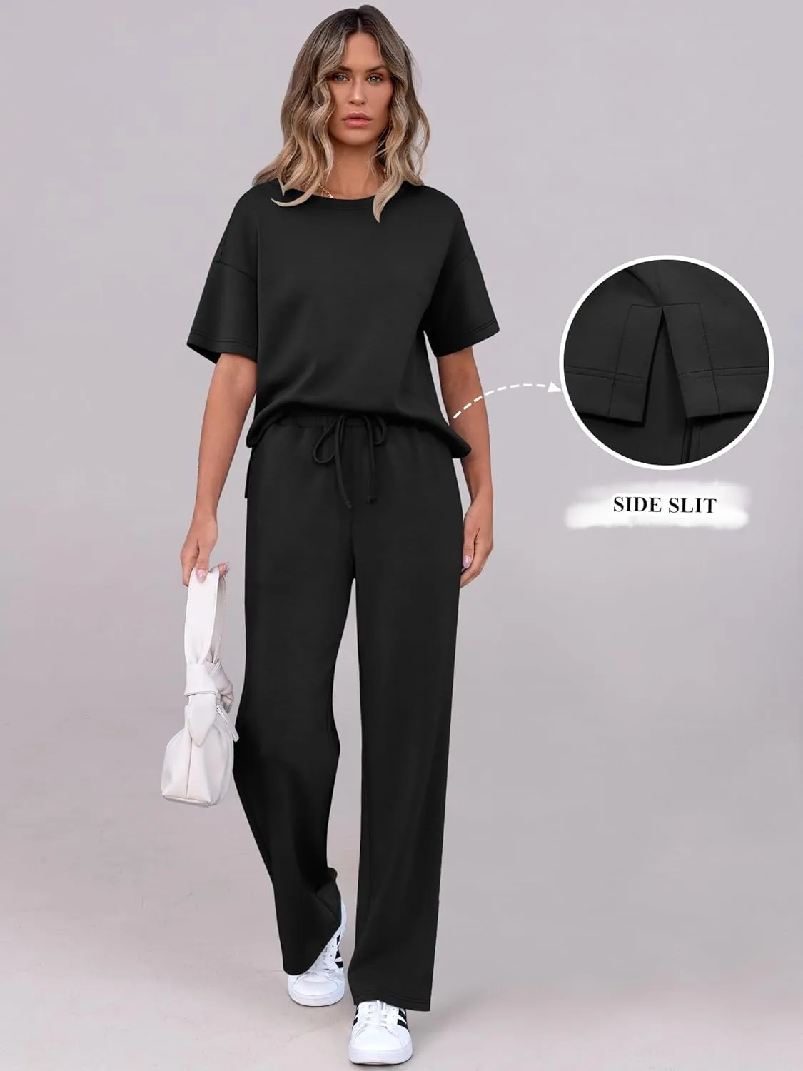 ANRABESS Women's Lounge Sets 2 Piece Outfits Summer Casual Short Sleeve Sweatsuits Matching Tracksuits Wide Leg Pant Set
