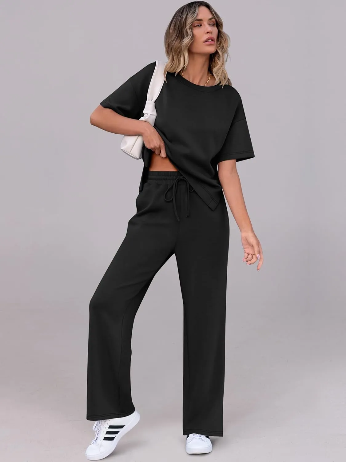 ANRABESS Women's Lounge Sets 2 Piece Outfits Summer Casual Short Sleeve Sweatsuits Matching Tracksuits Wide Leg Pant Set