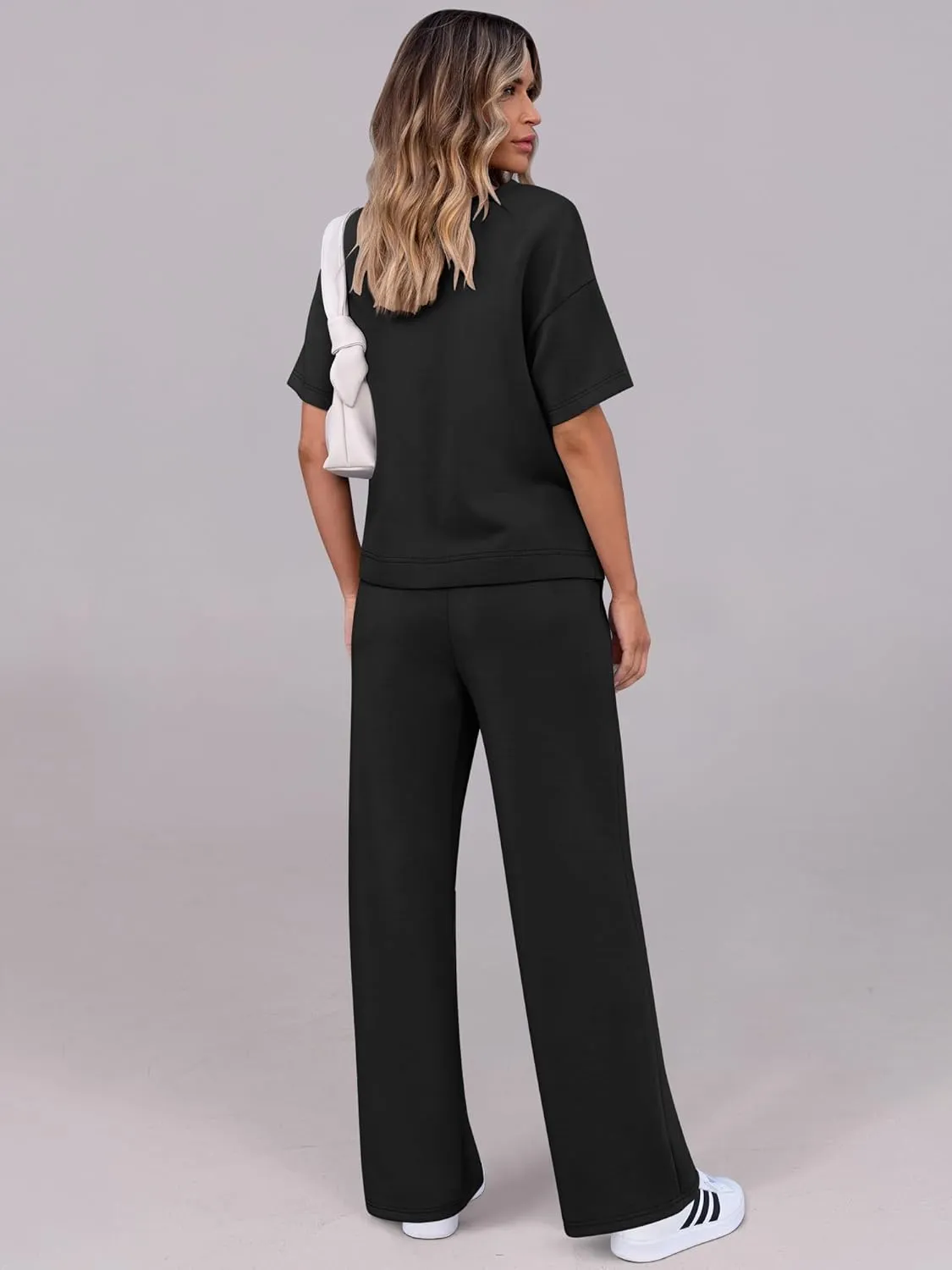 ANRABESS Women's Lounge Sets 2 Piece Outfits Summer Casual Short Sleeve Sweatsuits Matching Tracksuits Wide Leg Pant Set