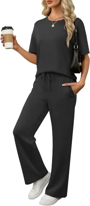 ANRABESS Women's Lounge Sets 2 Piece Outfits Summer Casual Short Sleeve Sweatsuits Matching Tracksuits Wide Leg Pant Set