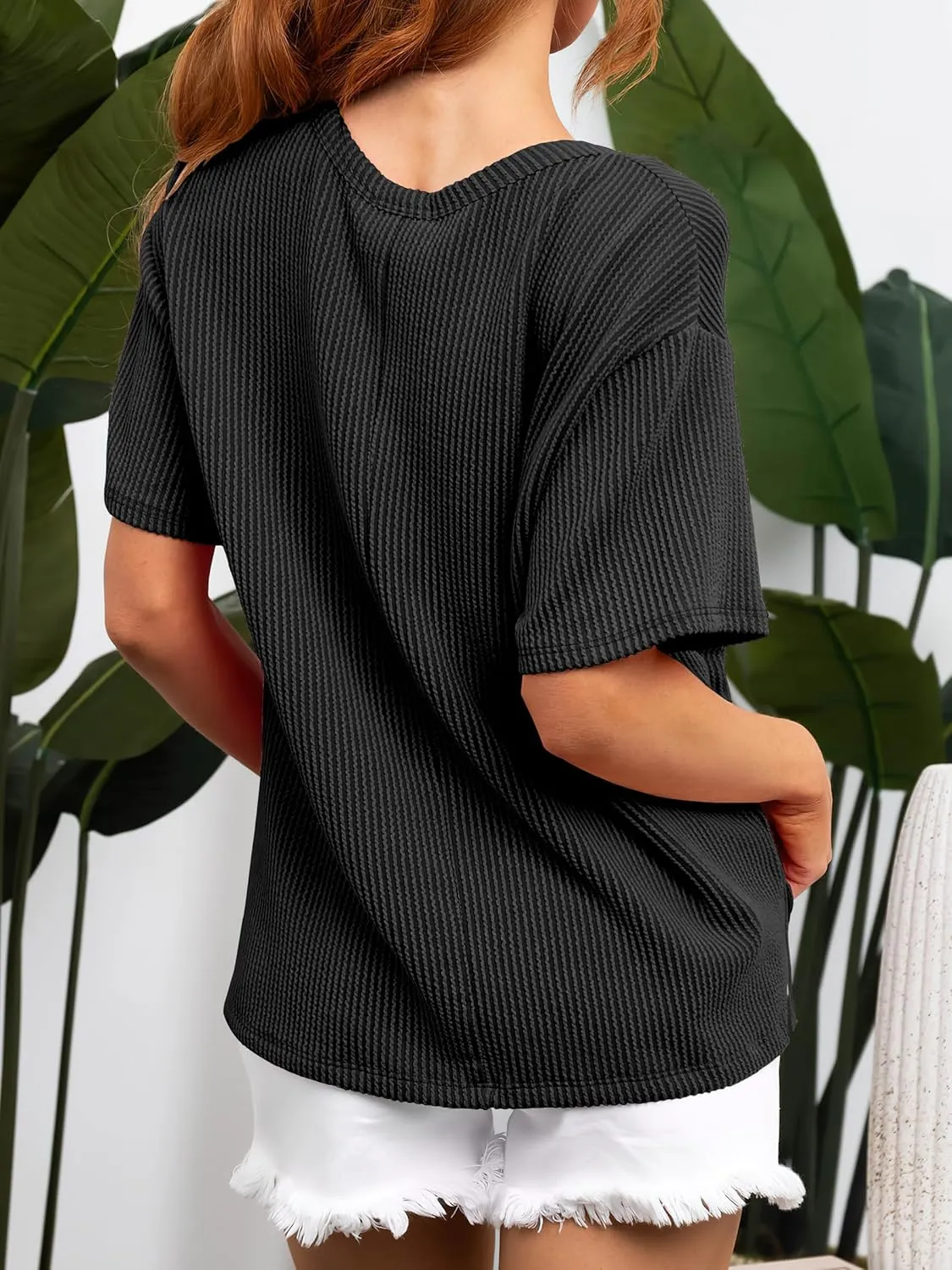 ANRABESS Womens Short Sleeve Tops Crewneck Summer Casual Ribbed Knitted T Shirts