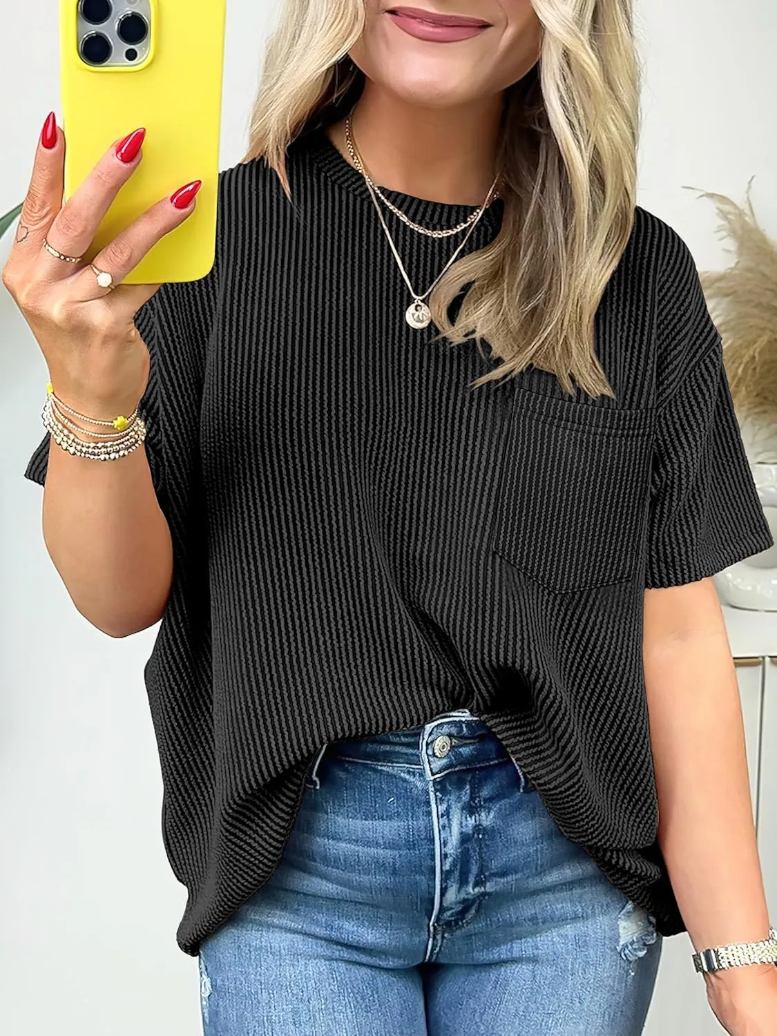 ANRABESS Womens Short Sleeve Tops Crewneck Summer Casual Ribbed Knitted T Shirts