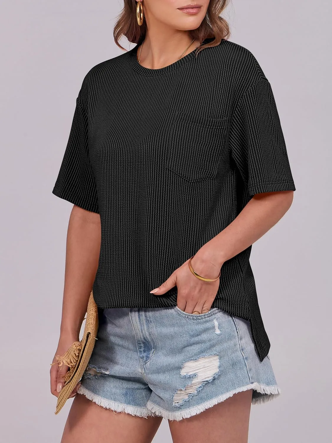 ANRABESS Womens Short Sleeve Tops Crewneck Summer Casual Ribbed Knitted T Shirts