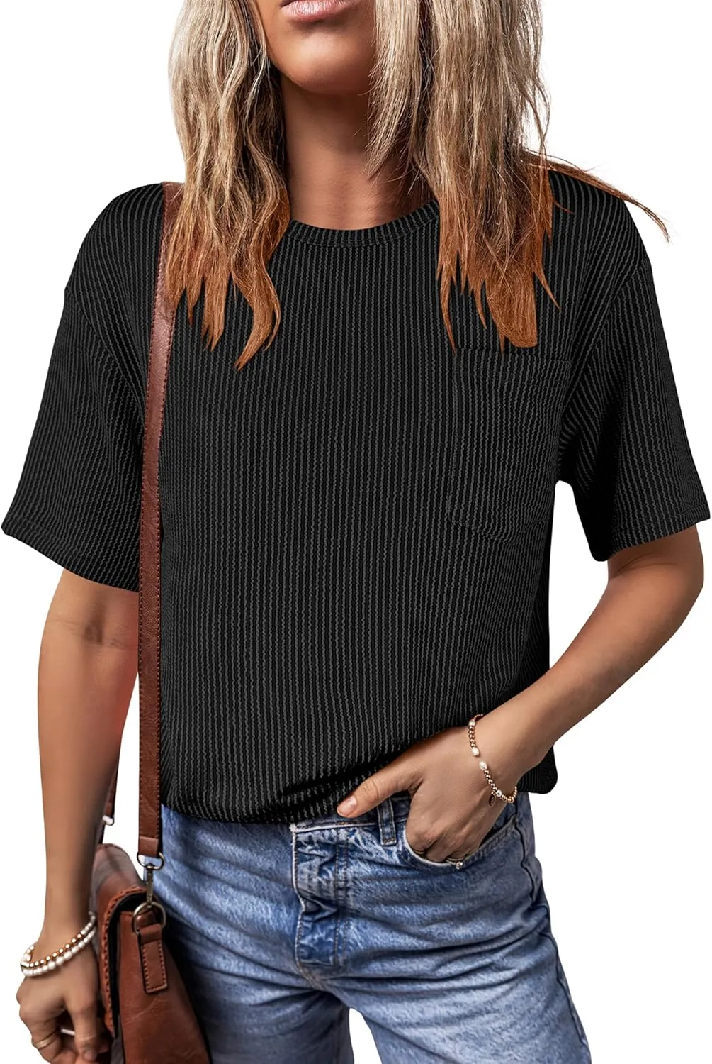 ANRABESS Womens Short Sleeve Tops Crewneck Summer Casual Ribbed Knitted T Shirts