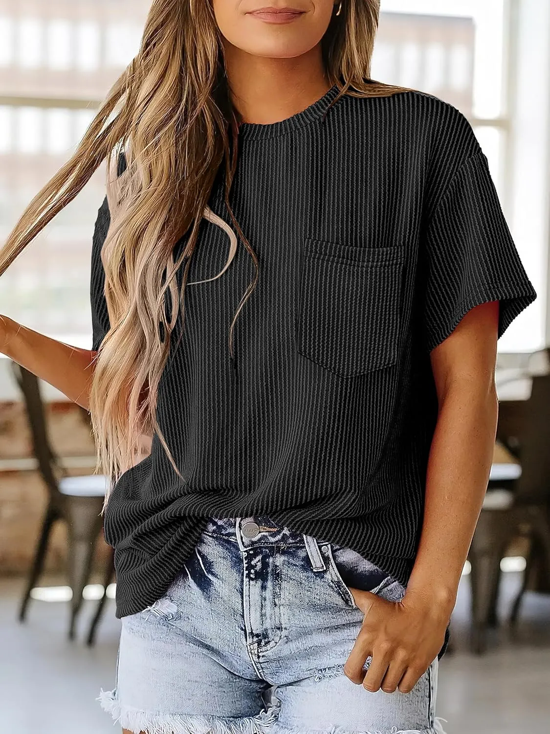 ANRABESS Womens Short Sleeve Tops Crewneck Summer Casual Ribbed Knitted T Shirts