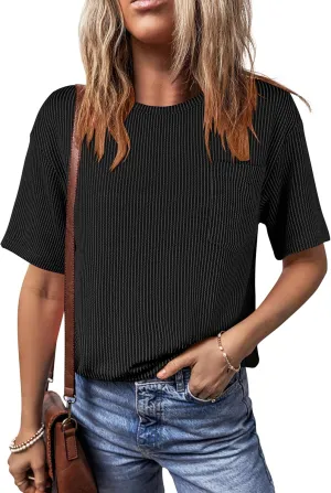 ANRABESS Womens Short Sleeve Tops Crewneck Summer Casual Ribbed Knitted T Shirts