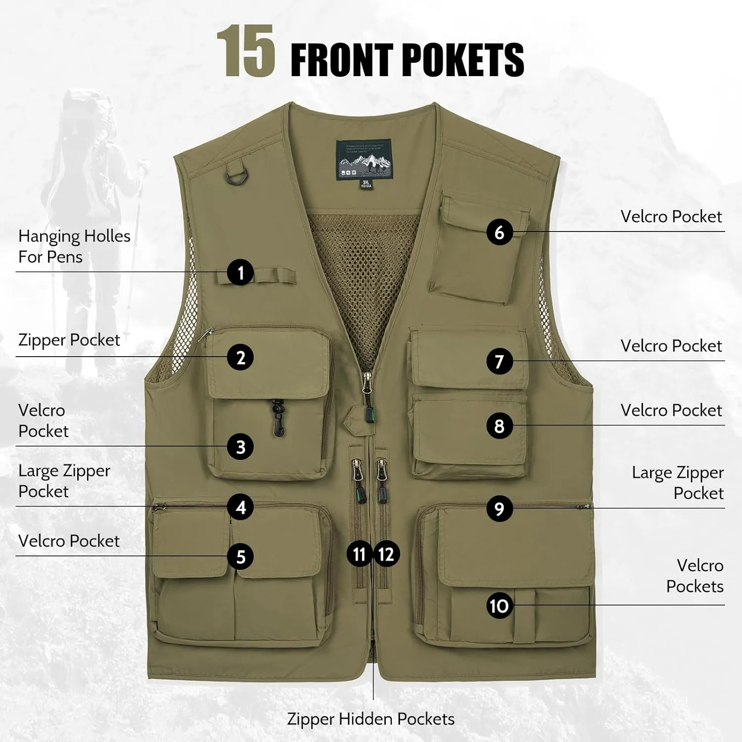AOTORR Mens Outdoor Work Safari Cargo Photo Travel Fishing Vests for Men with Multi-pockets