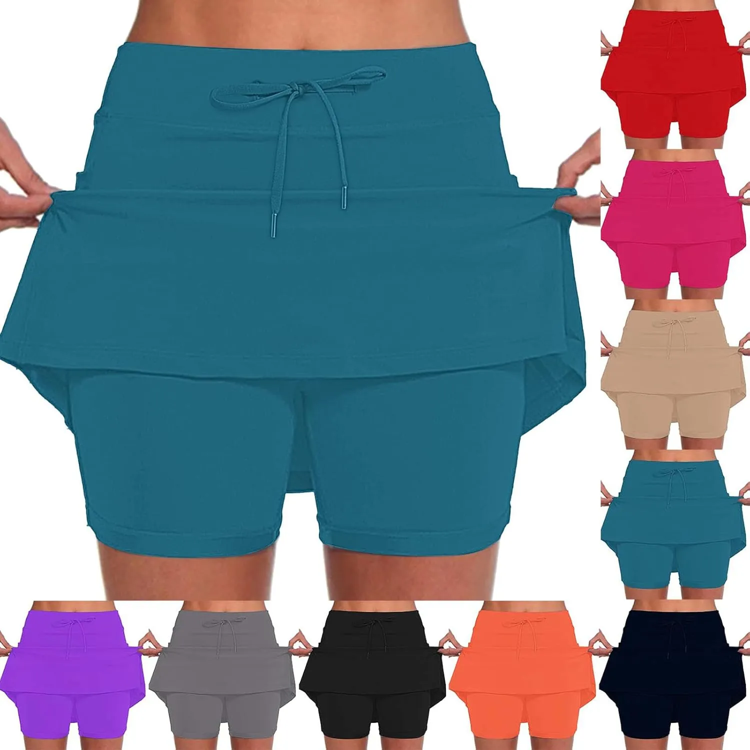 Athletic Skorts for Woman Elastic Hight Waist Drawstring Tennis Golf Skirt with Pockets Solid Color Yoga Shorts