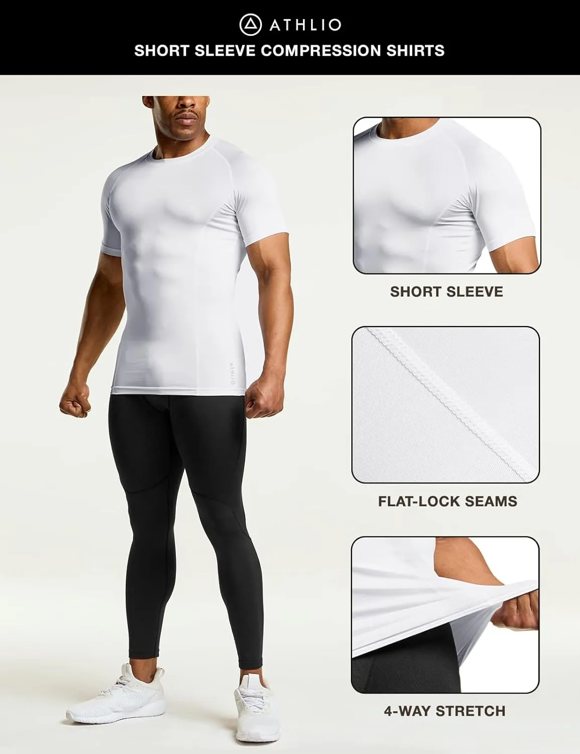 ATHLIO Men's Cool Dry Short Sleeve Compression Shirts, Sports Baselayer T-Shirts Tops, Athletic Workout Shirt