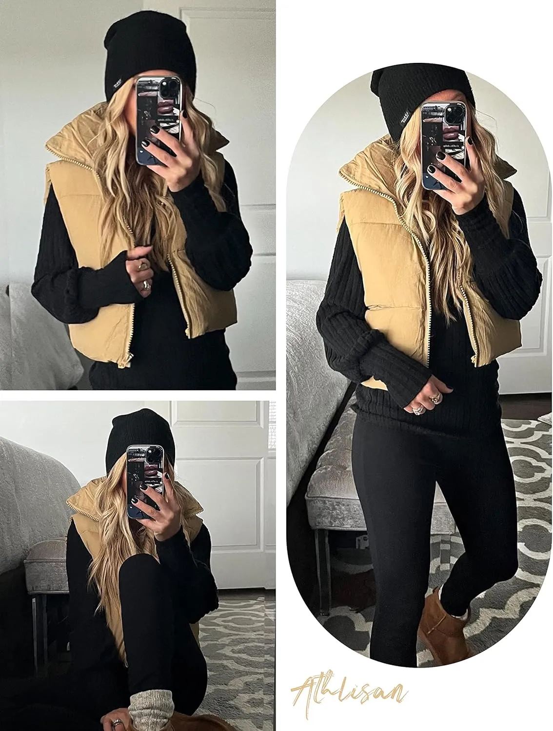 Athlisan Womens Cropped Puffer Vest Zip Up Stand Collar Sleeveless Padded Crop Vests