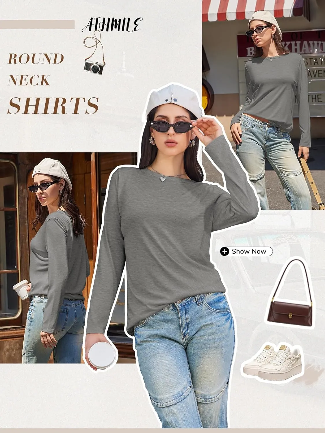 ATHMILE Womens Long Sleeve Shirts Basic Tee Fall Trendy Spring Top Business Casual Beach Vacation Workout 2025 Fashion