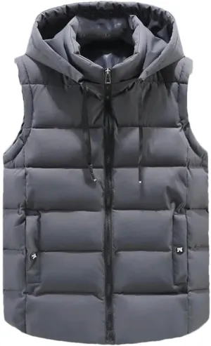 Autumn Winter Black Vests Men Hooded Thick Warm Cotton Padded Sleeveless Jacket Parka Solid Zipper Waistcoat