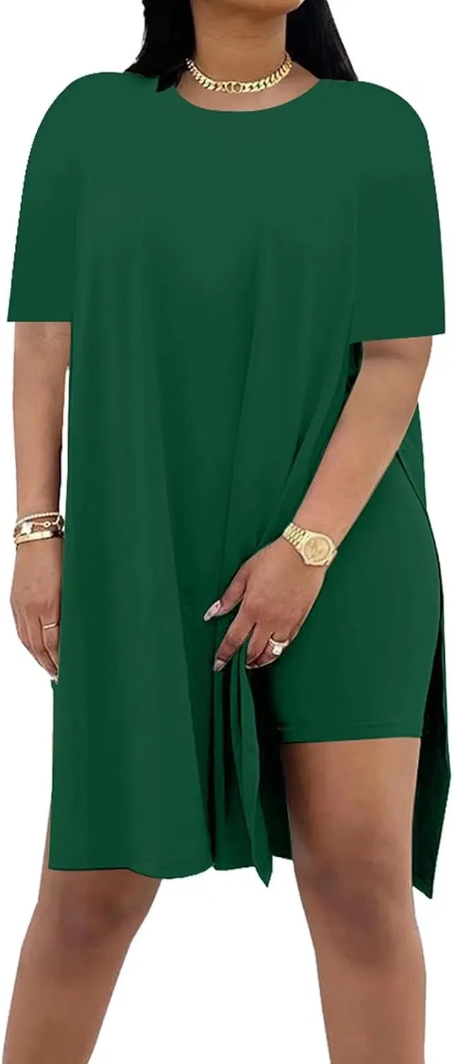 AXOSY Women Plus Size 2 Piece Outfits Short Sleeve Tunic Tops and Skinny Biker Shorts Sets Tracksuits