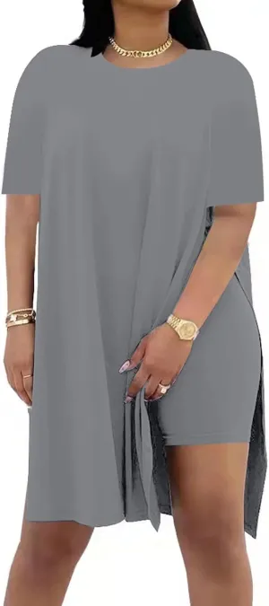AXOSY Women Plus Size 2 Piece Outfits Short Sleeve Tunic Tops and Skinny Biker Shorts Sets Tracksuits