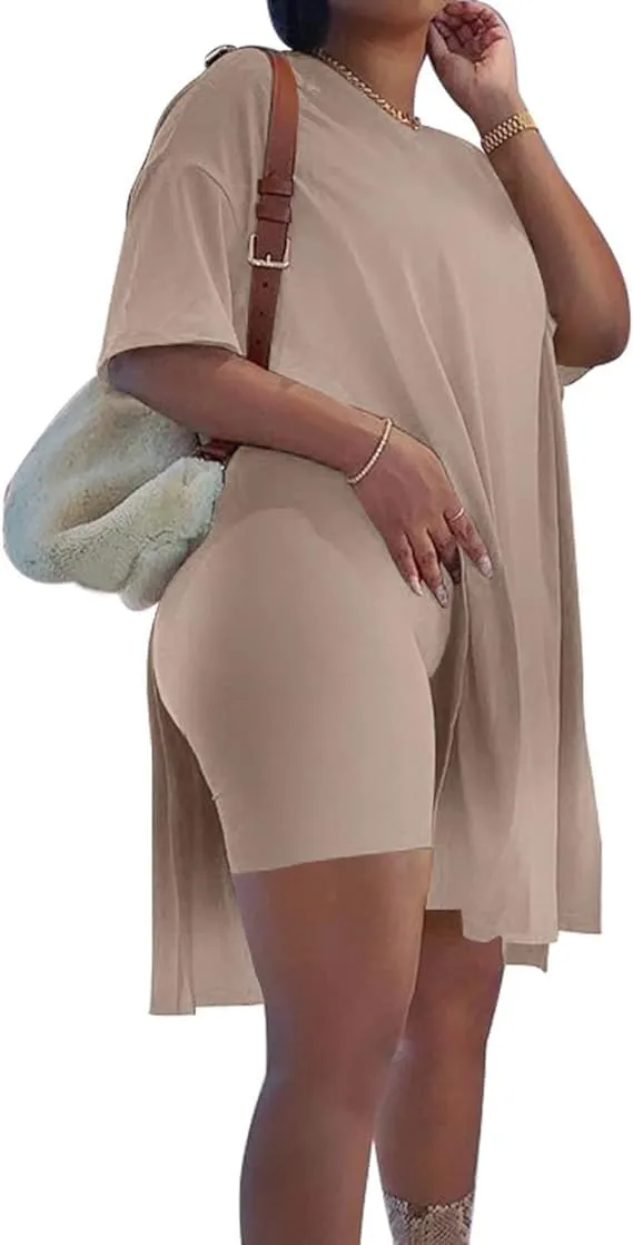 AXOSY Women Plus Size 2 Piece Outfits Short Sleeve Tunic Tops and Skinny Biker Shorts Sets Tracksuits