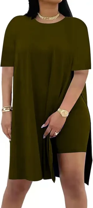 AXOSY Women Plus Size 2 Piece Outfits Short Sleeve Tunic Tops and Skinny Biker Shorts Sets Tracksuits