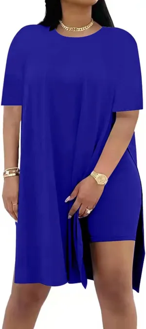 AXOSY Women Plus Size 2 Piece Outfits Short Sleeve Tunic Tops and Skinny Biker Shorts Sets Tracksuits
