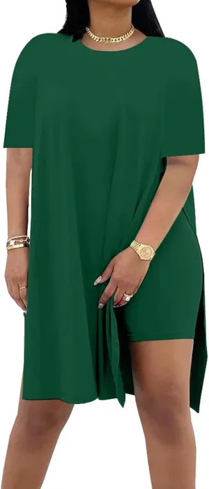 AXOSY Women Plus Size 2 Piece Outfits Short Sleeve Tunic Tops and Skinny Biker Shorts Sets Tracksuits